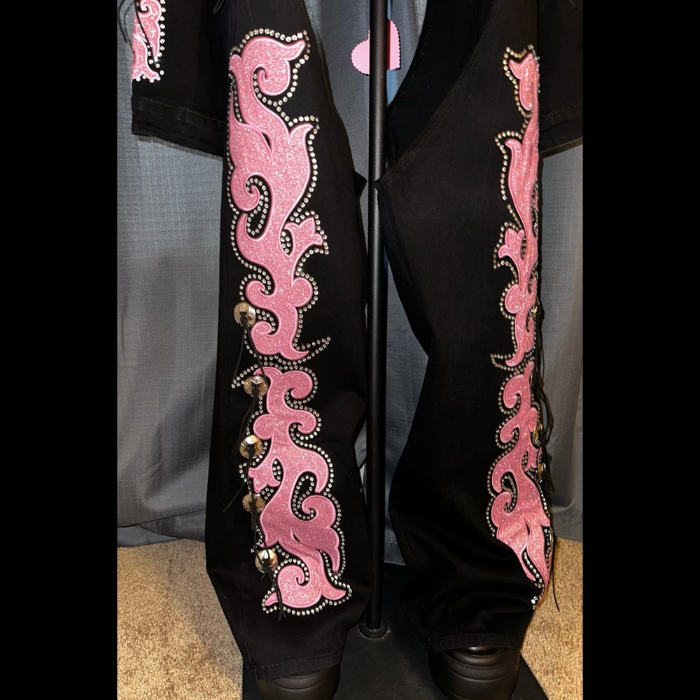 Sugar Thrillz Dolls Kill LONGING HEART Black Pink Denim Jacket Chaps SET L NWT - Picture 9 of 11
